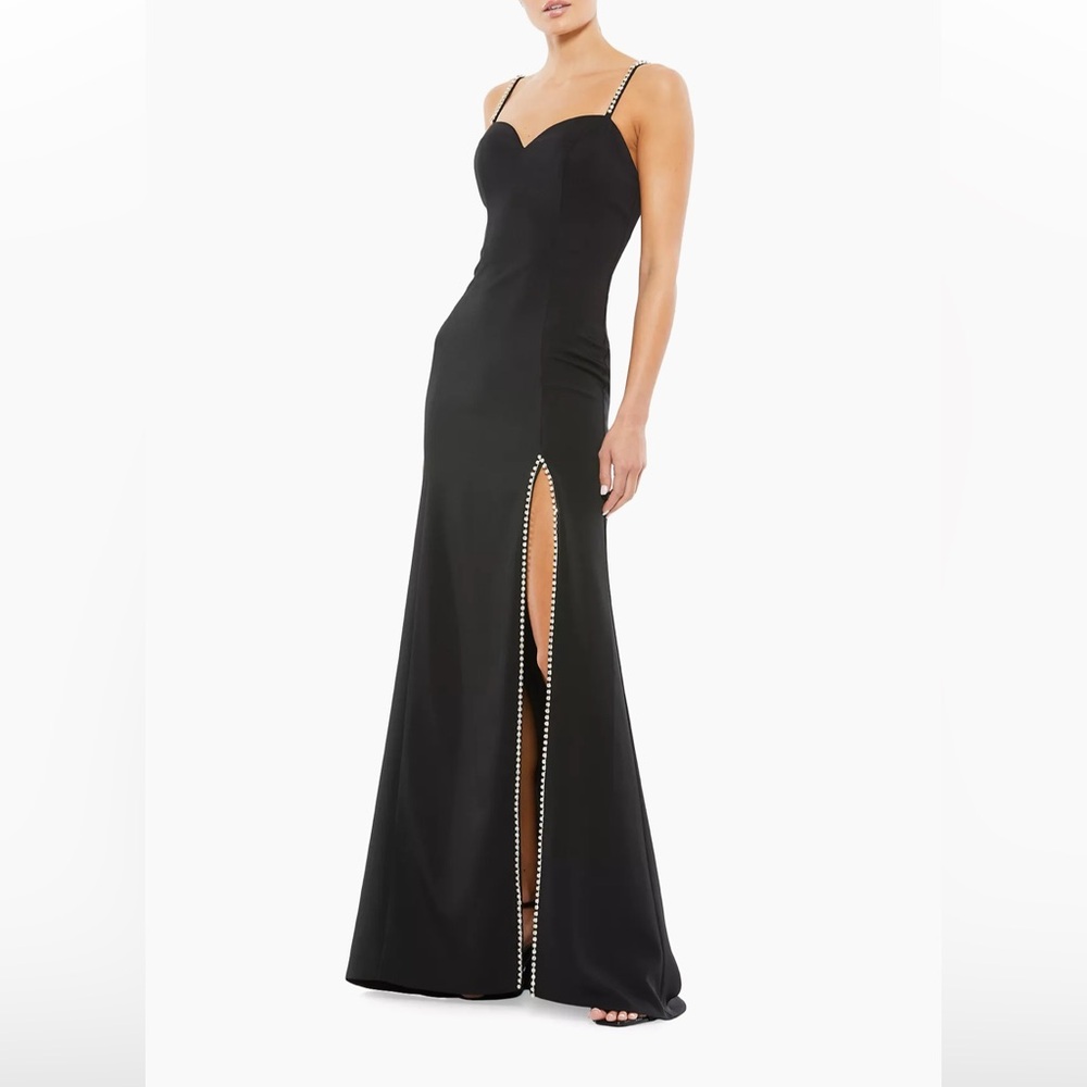 Ieena MacDuggal Crystal-Embellished A-Line black stunning slit front formal Gown
